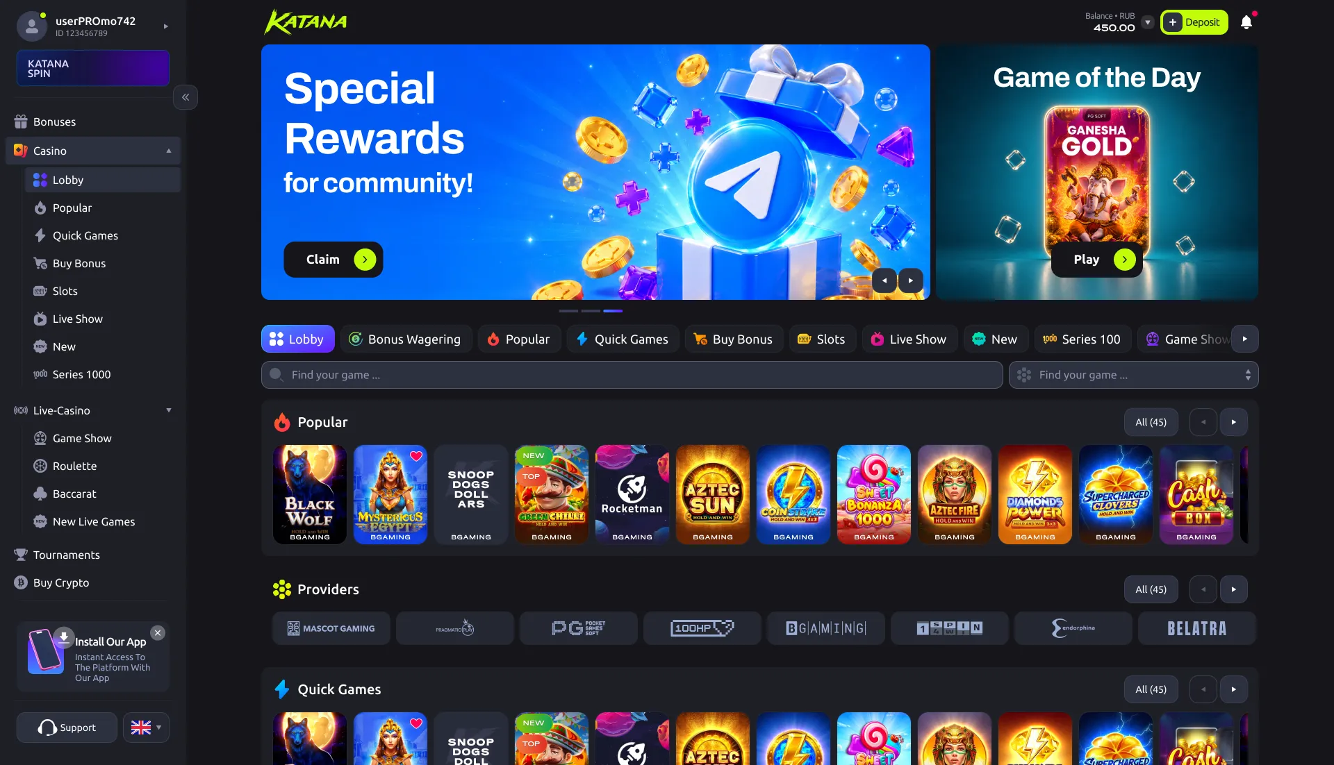 Лобби Katana Casino: популярные слоты, live-казино и бонусы